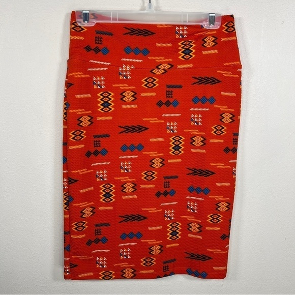 SMALL LULAROE RED ORANGE COLORFUL WESTERN SOUTHWESTERN PRINT STRETCH - Picture 5 of 10